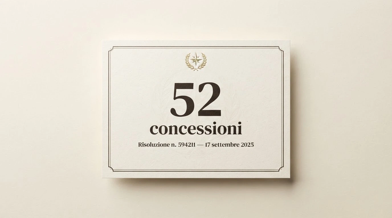 Un documento ufficiale stilizzato con il logo ADM, il numero «52» in grande evidenza e la dicitura «concessioni — Risoluzione n. 594211 del 17 settembre 2025»